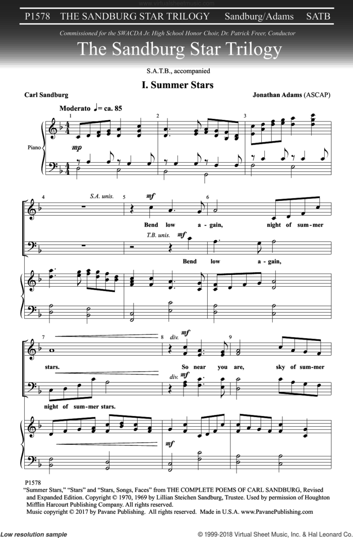 The Sandburg Star Trilogy sheet music for choir (SATB: soprano, alto, tenor, bass) by Jonathan Adams and Carl Sandburg, intermediate skill level