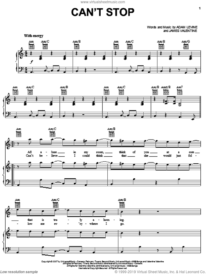 Can't Stop sheet music for voice, piano or guitar by Maroon 5, Adam Levine and James Valentine, intermediate skill level