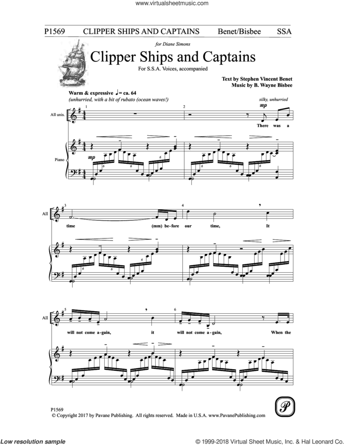 Clipper Ships and Captains sheet music for choir (SSA: soprano, alto) by B. Wayne Bisbee and Stephen Vincent Benet, intermediate skill level