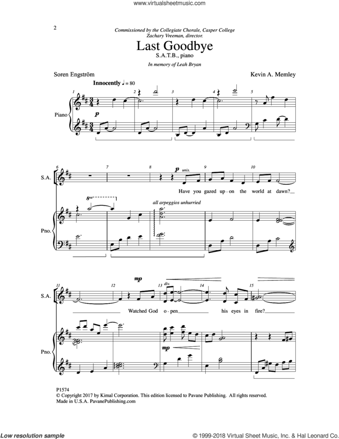 Last Goodbye sheet music for choir (SATB: soprano, alto, tenor, bass) by Soren Engström and Kevin A. Memley, intermediate skill level