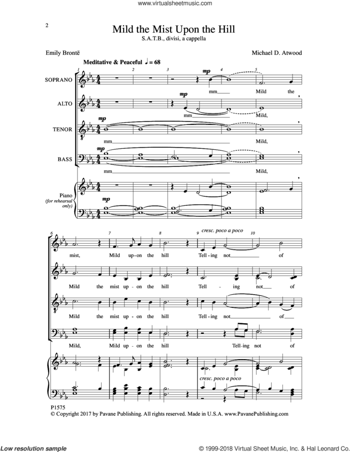 Mild the Mist upon the Hill sheet music for choir (SATB divisi) by Emily Bronte and Michael D. Atwood, intermediate skill level