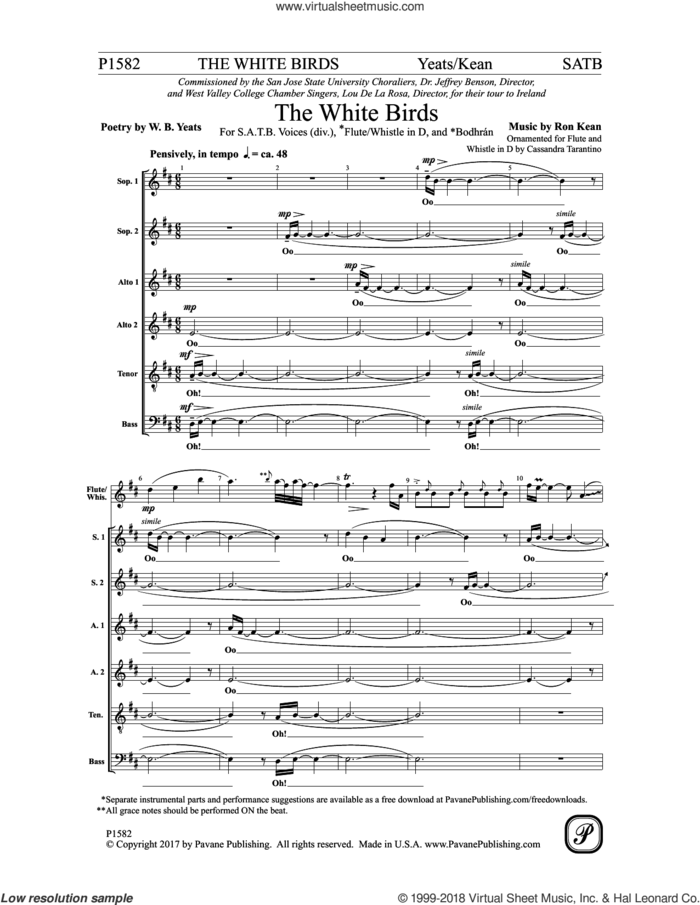 The White Birds sheet music for choir (SATB divisi) by Ron Kean and W.B. Yeats, intermediate skill level