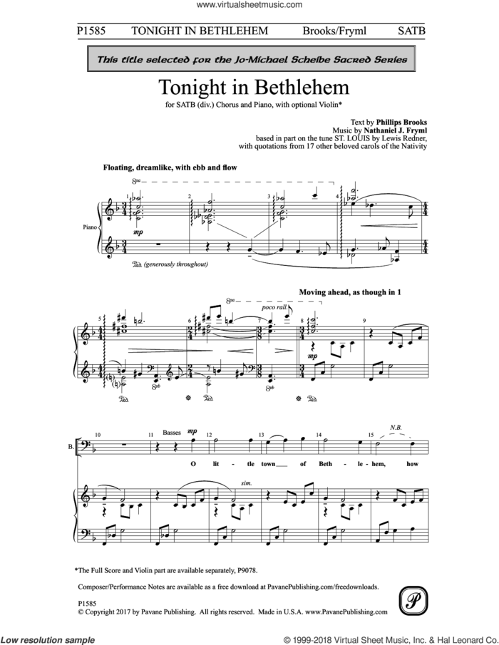 Tonight In Bethlehem sheet music for choir (SATB: soprano, alto, tenor, bass) by Nathaniel J. Fryml and Phillips Brooks, intermediate skill level