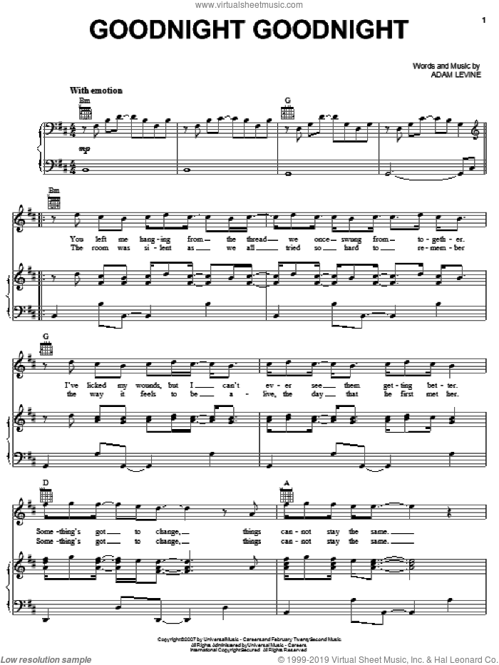 Goodnight Goodnight sheet music for voice, piano or guitar by Maroon 5 and Adam Levine, intermediate skill level