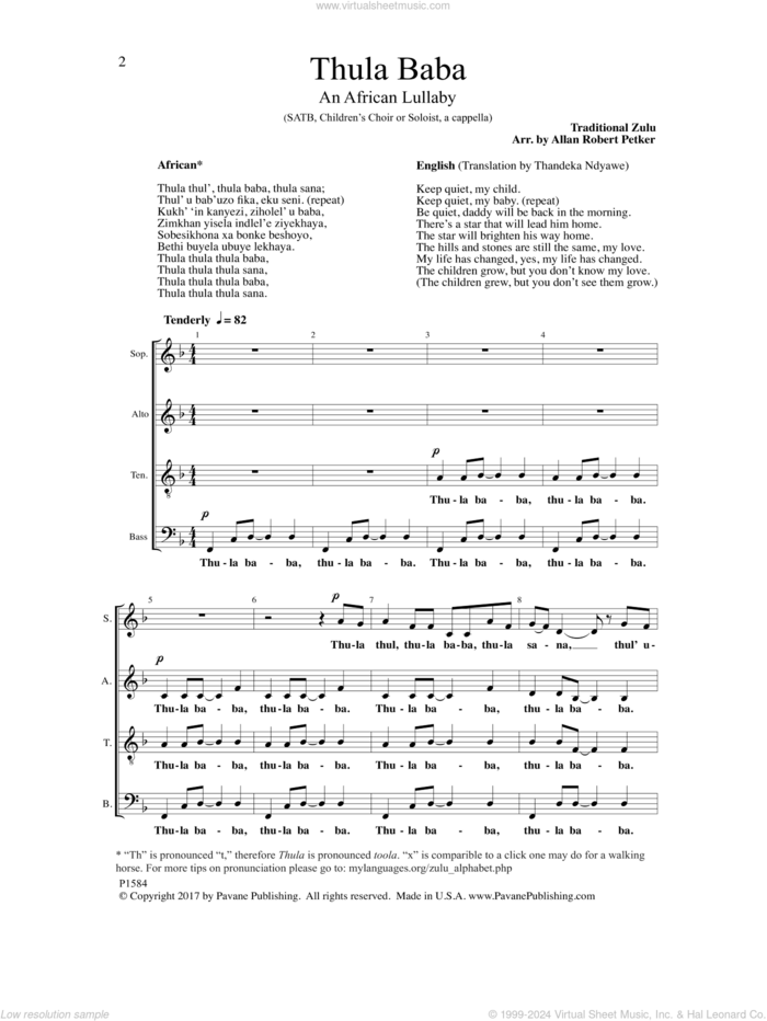 Thula Baba sheet music for choir (SATB: soprano, alto, tenor, bass) by Allan Robert Petker, intermediate skill level