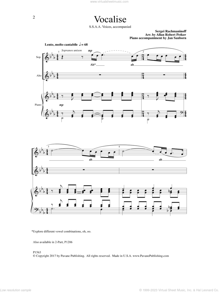 Vocalise sheet music for choir (SSAA: soprano, alto) by Serjeij Rachmaninoff and Allan Robert Petker, intermediate skill level