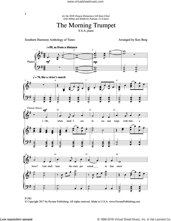 The Morning Trumpet sheet music for choir (SSA: soprano, alto) by Ken Berg, intermediate skill level