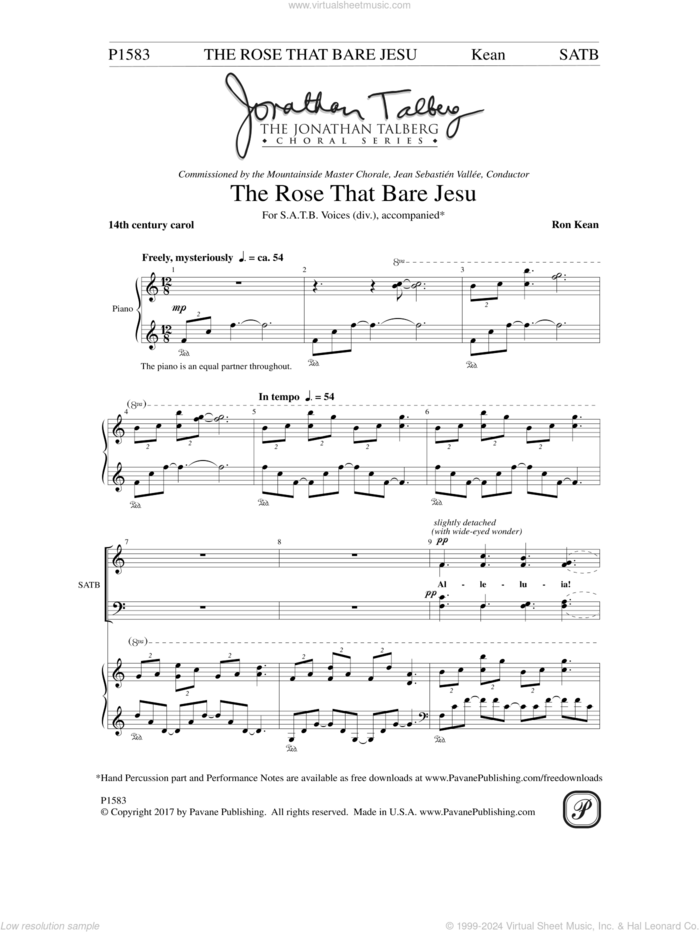 The Rose that Bare Jesu sheet music for choir (SATB: soprano, alto, tenor, bass) by Ron Kean, intermediate skill level
