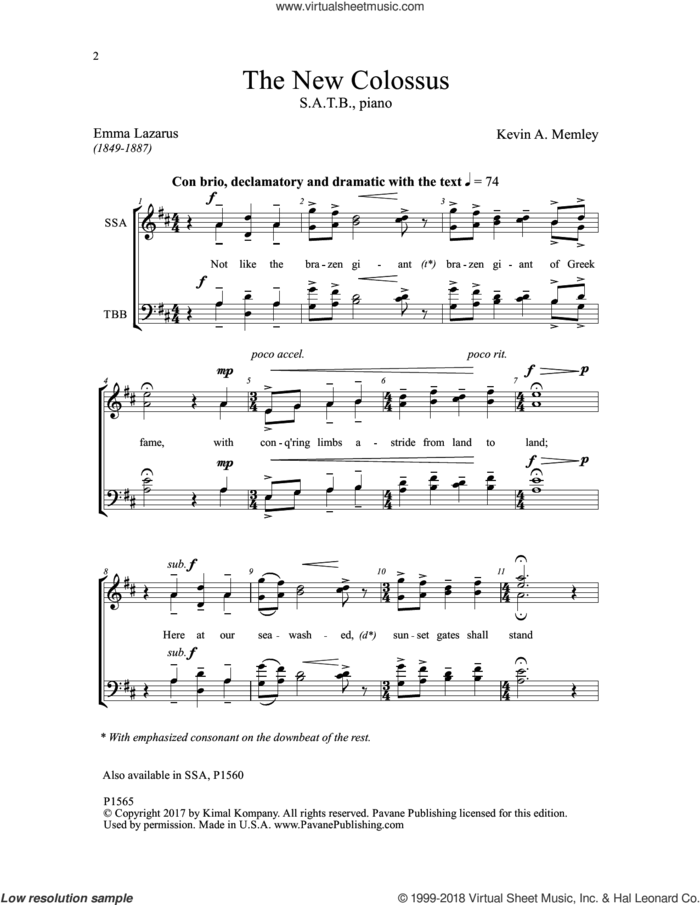 The New Colossus sheet music for choir (SATB: soprano, alto, tenor, bass) by Kevin Memley and Emma Lazarus, intermediate skill level