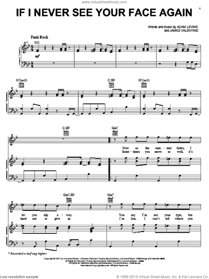 If I Never See Your Face Again sheet music for voice, piano or guitar by Maroon 5, Adam Levine and James Valentine, intermediate skill level