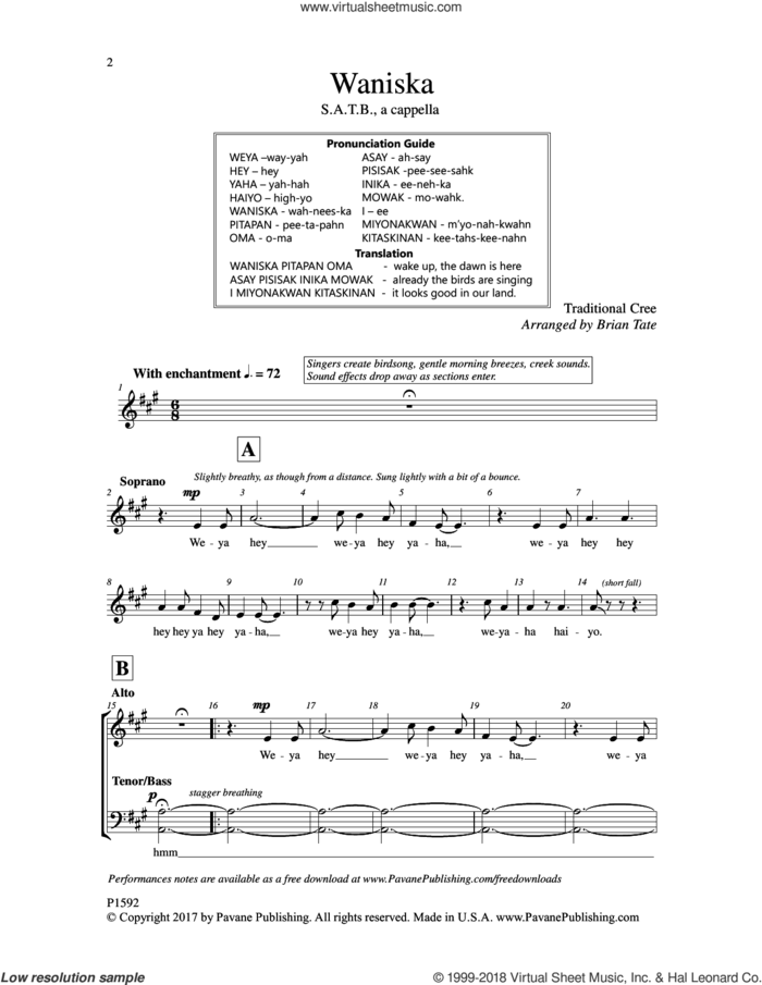 Waniska sheet music for choir (SATB: soprano, alto, tenor, bass) by Brian Tate, intermediate skill level
