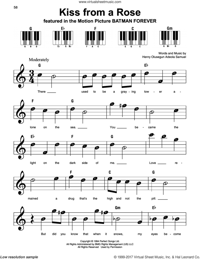 Kiss From A Rose, (beginner) sheet music for piano solo by Manuel Seal, beginner skill level