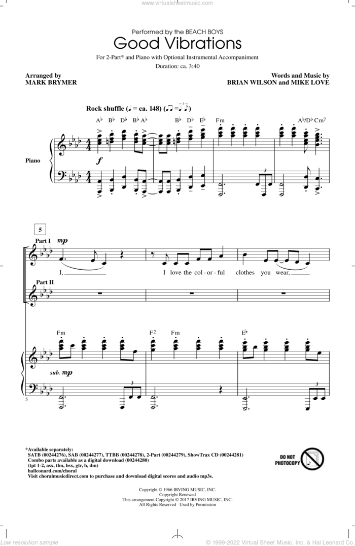 Good Vibrations sheet music for choir (2-Part) by Brian Wilson, Mark Brymer, The Beach Boys and Mike Love, intermediate duet