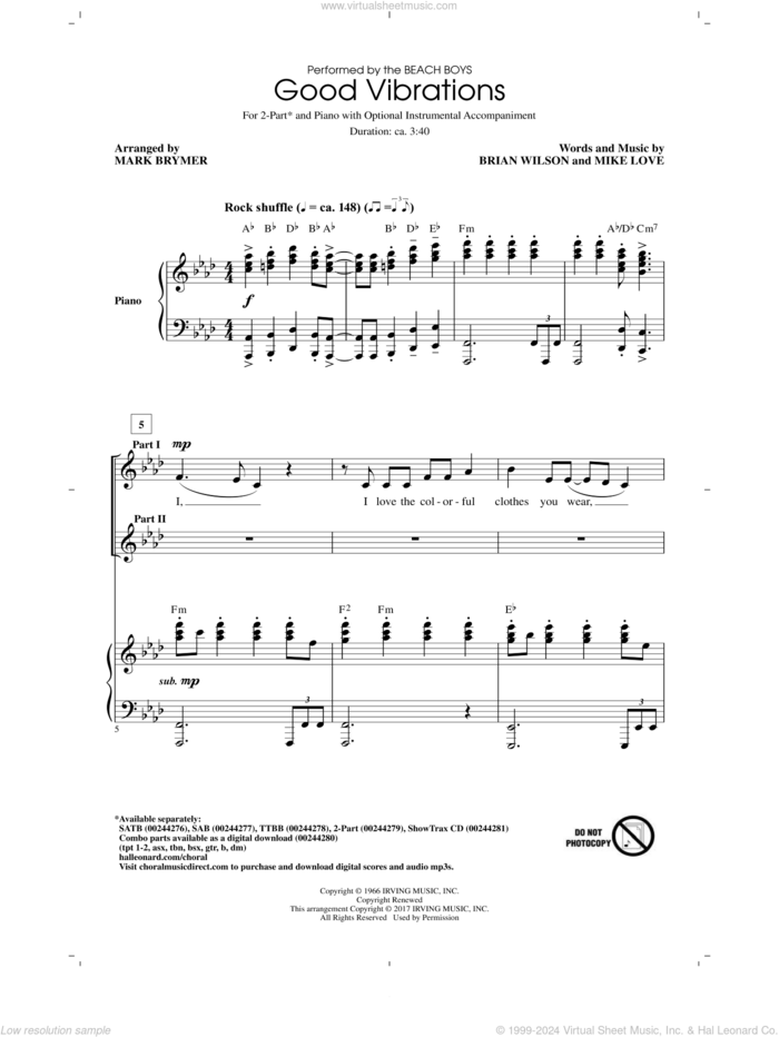 Good Vibrations sheet music for choir (2-Part) by Brian Wilson, Mark Brymer, The Beach Boys and Mike Love, intermediate duet