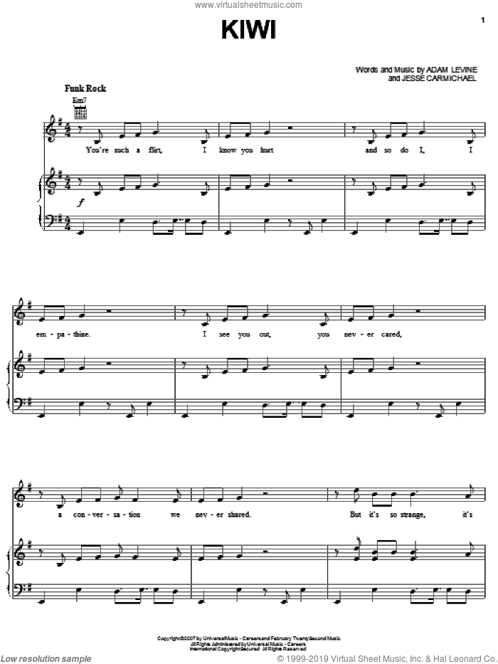 Kiwi sheet music for voice, piano or guitar by Maroon 5, Adam Levine and Jesse Carmichael, intermediate skill level