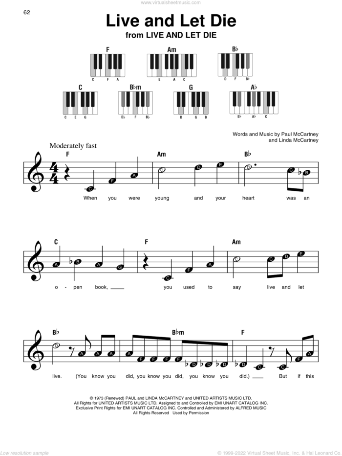 Live And Let Die sheet music for piano solo by Paul McCartney, Wings and Linda McCartney, beginner skill level