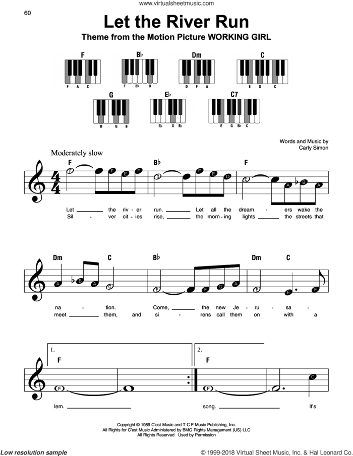 Let The River Run, (beginner) sheet music for piano solo by Carly Simon, beginner skill level