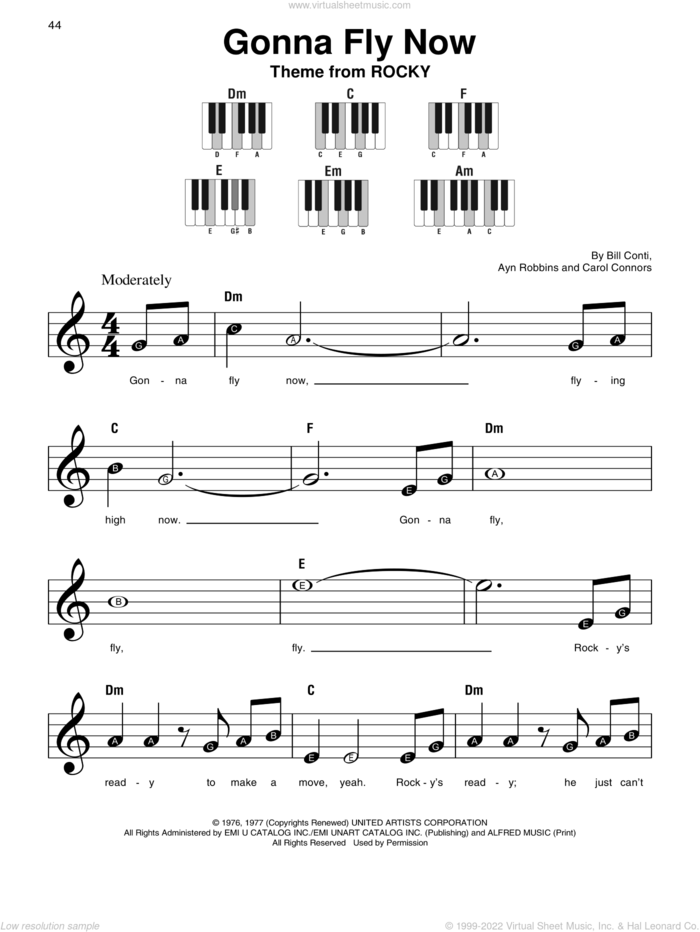 Gonna Fly Now (Theme from Rocky) sheet music for piano solo by Bill Conti, Ayn Robbins and Carol Connors, beginner skill level