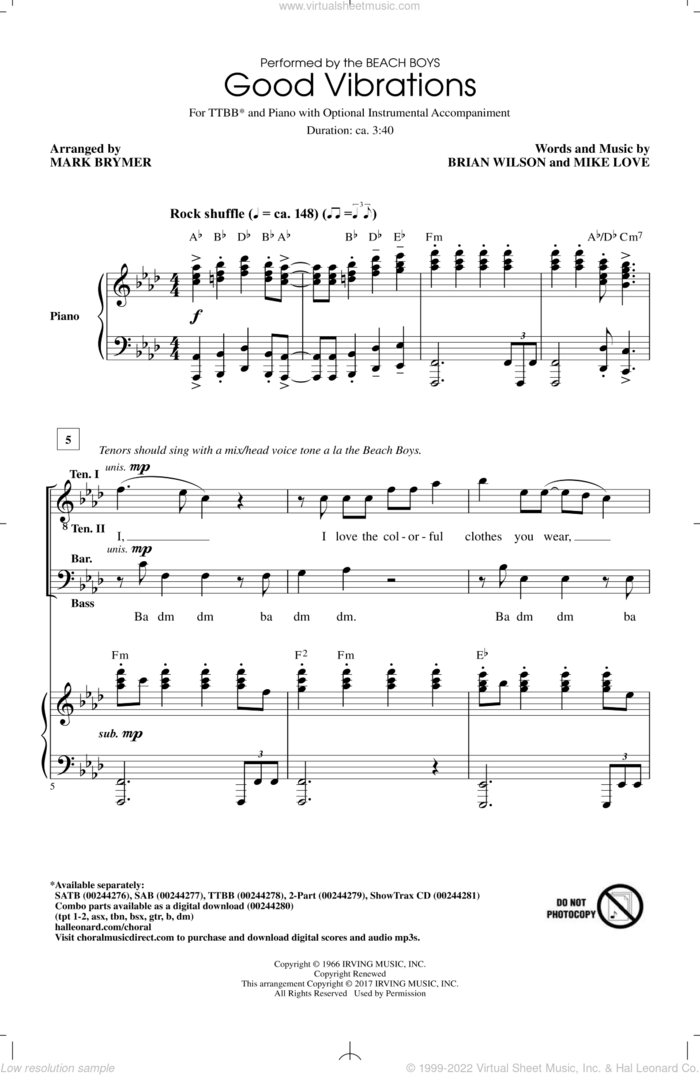 Good Vibrations sheet music for choir (TTBB: tenor, bass) by Brian Wilson, Mark Brymer, The Beach Boys and Mike Love, intermediate skill level