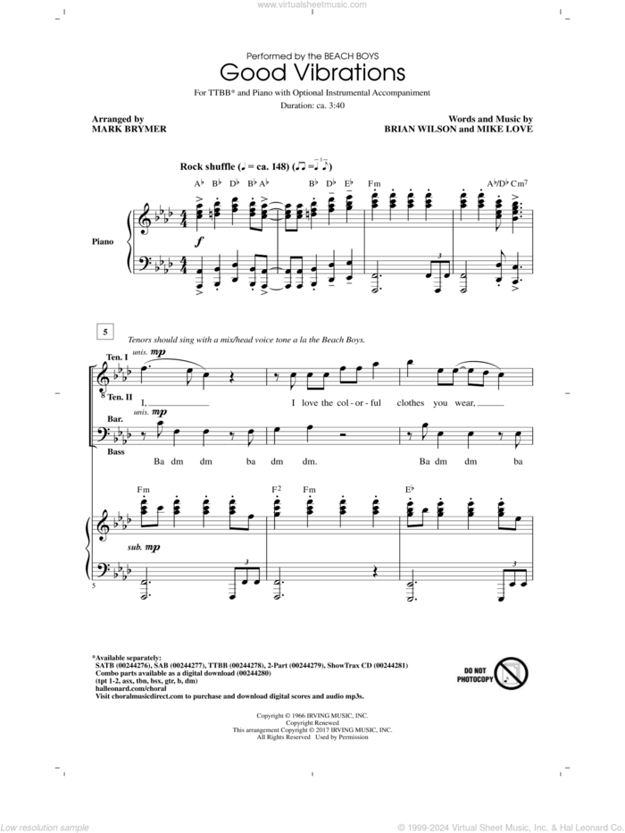 Good Vibrations sheet music for choir (TTBB: tenor, bass) by Brian Wilson, Mark Brymer, The Beach Boys and Mike Love, intermediate skill level