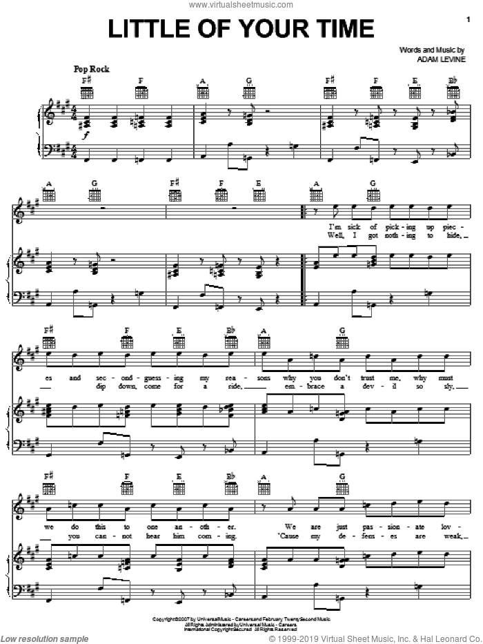Little Of Your Time sheet music for voice, piano or guitar by Maroon 5 and Adam Levine, intermediate skill level