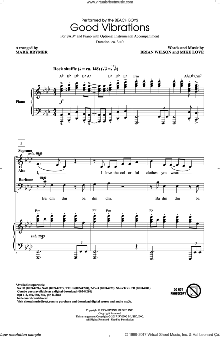 Good Vibrations sheet music for choir (SAB: soprano, alto, bass) by Brian Wilson, Mark Brymer, The Beach Boys and Mike Love, intermediate skill level