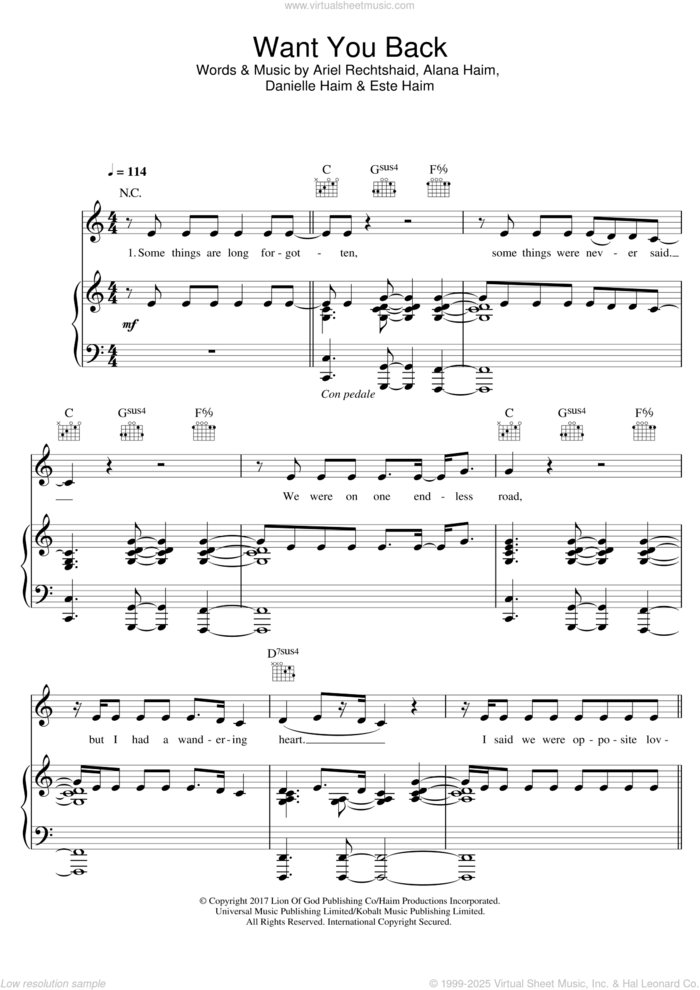 Want You Back sheet music for voice, piano or guitar by Haim, Alana Haim, Ariel Rechtshaid, Danielle Haim and Este Haim, intermediate skill level