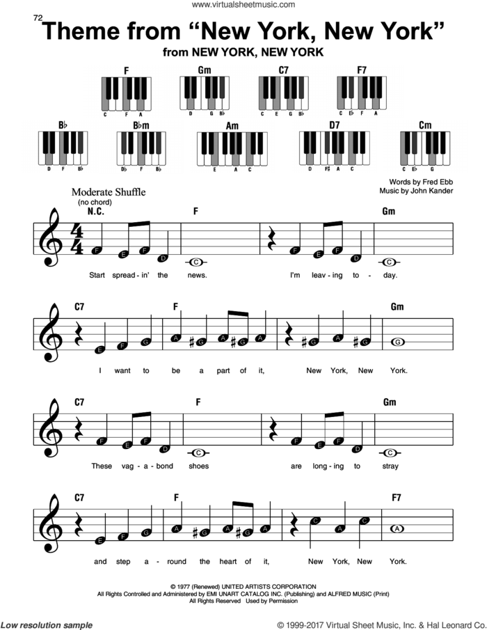 Theme From 'New York, New York' sheet music for piano solo by Frank Sinatra, Fred Ebb and John Kander, beginner skill level