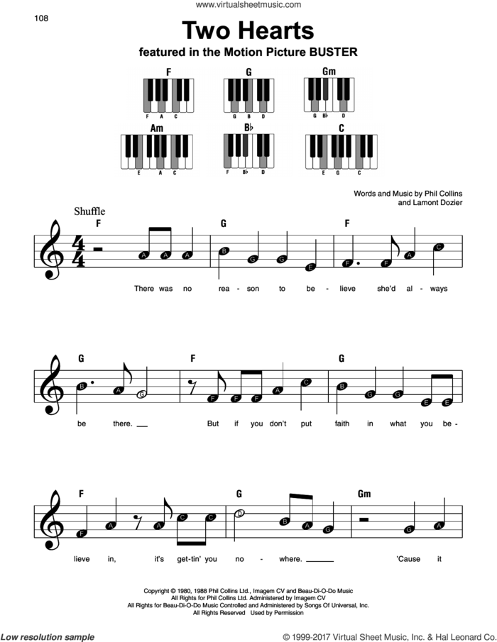 Two Hearts sheet music for piano solo by Phil Collins and Lamont Dozier, beginner skill level
