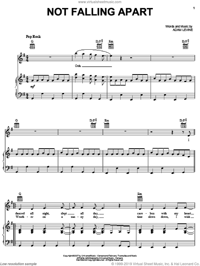 Not Falling Apart sheet music for voice, piano or guitar by Maroon 5 and Adam Levine, intermediate skill level