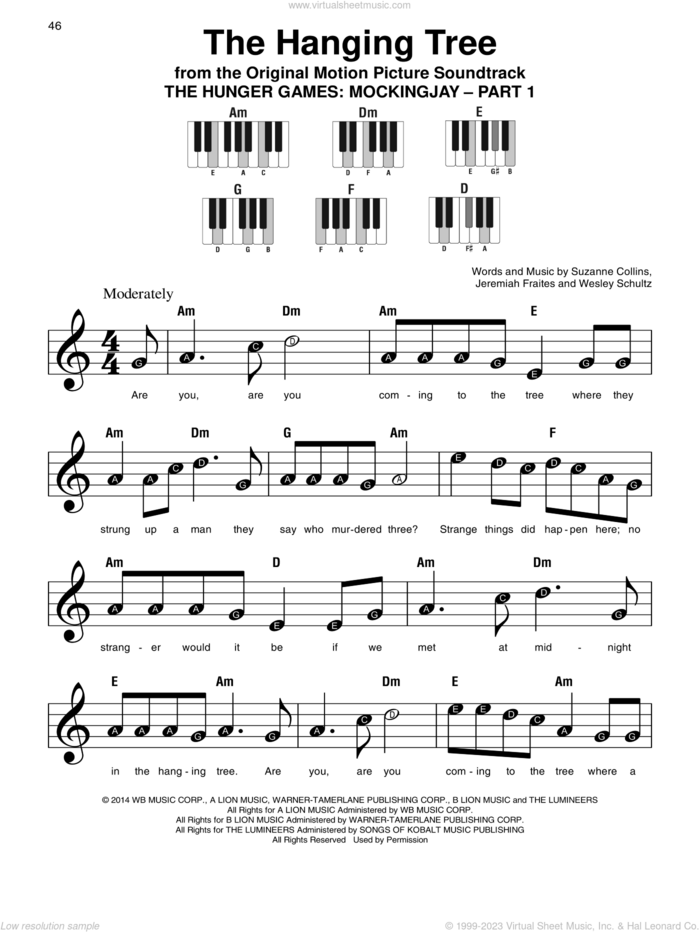 The Hanging Tree sheet music for piano solo by James Newton Howard, Jeremiah Fraites, Suzanne Collins and Wesley Schultz, beginner skill level