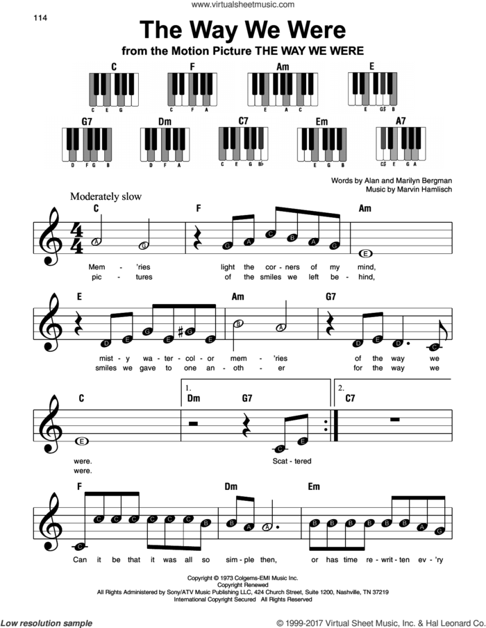 The Way We Were sheet music for piano solo by Barbra Streisand, Alan Bergman, Marilyn Bergman and Marvin Hamlisch, beginner skill level