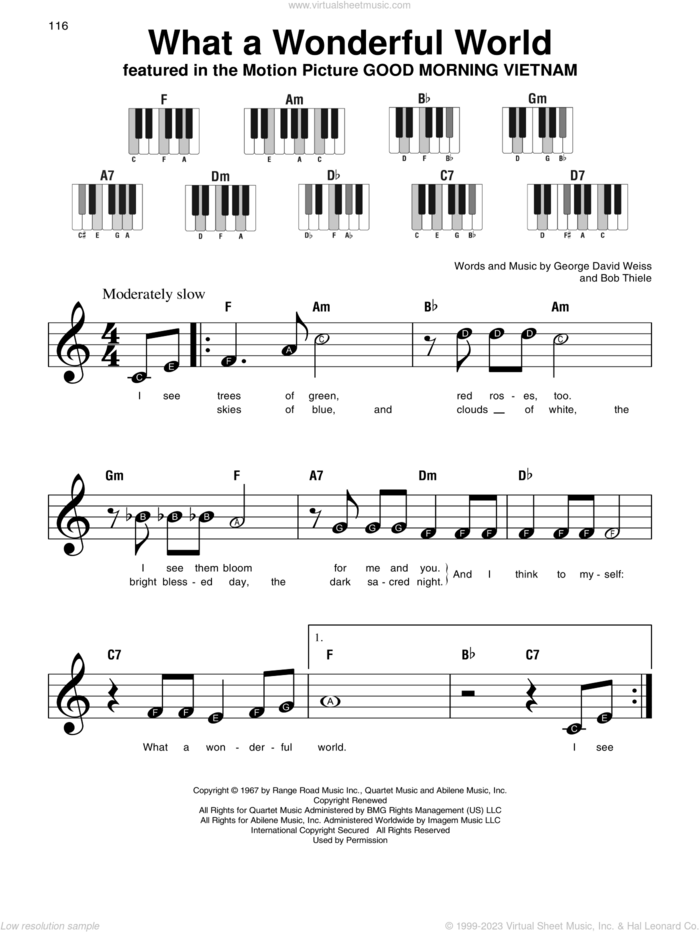 What A Wonderful World sheet music for piano solo by Louis Armstrong, Bob Thiele and George David Weiss, beginner skill level