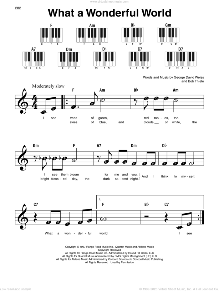 What A Wonderful World sheet music for piano solo by Louis Armstrong, Bob Thiele and George David Weiss, beginner skill level