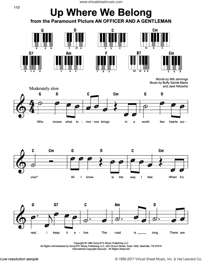 Up Where We Belong, (beginner) sheet music for piano solo by Joe Cocker & Jennifer Warnes, Buffy Sainte-Marie, Jack Nitzche and Will Jennings, beginner skill level