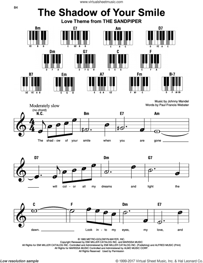 The Shadow Of Your Smile, (beginner) sheet music for piano solo by Johnny Mandel and Paul Francis Webster, beginner skill level