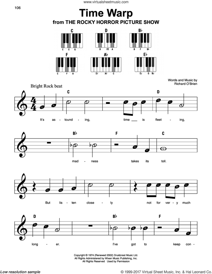 Time Warp sheet music for piano solo by Richard O'Brien, beginner skill level