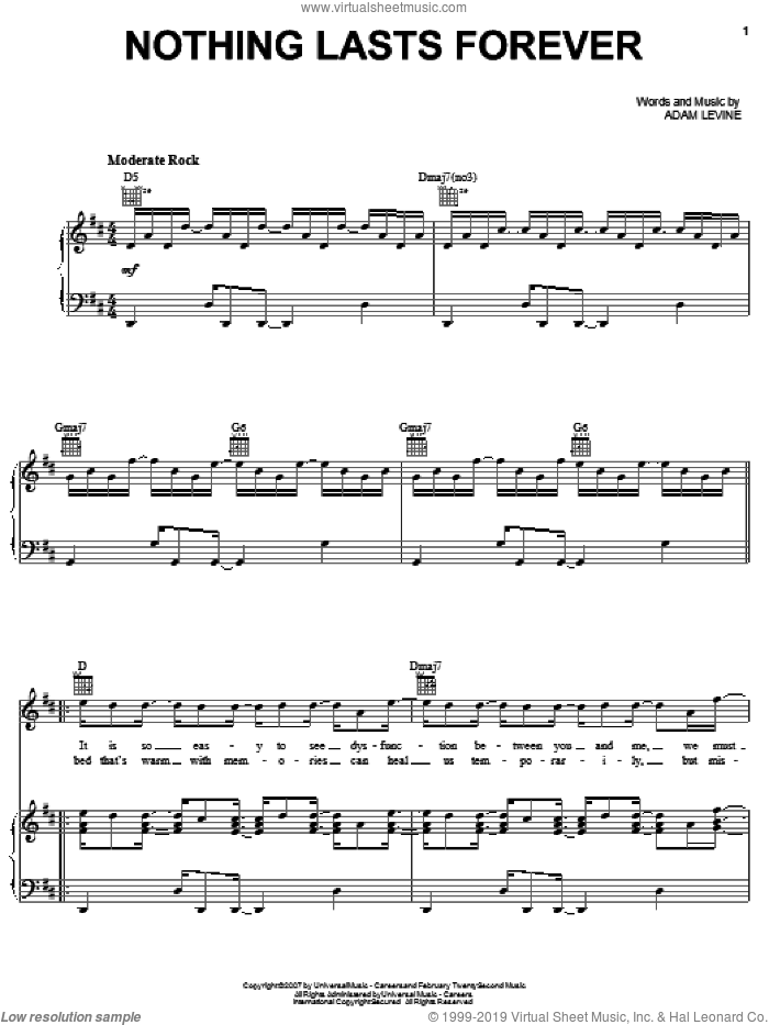 Nothing Lasts Forever sheet music for voice, piano or guitar by Maroon 5 and Adam Levine, intermediate skill level