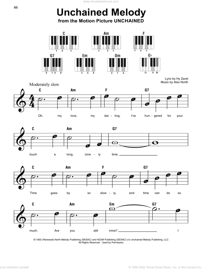 Unchained Melody sheet music for piano solo by The Righteous Brothers, Alex North and Hy Zaret, wedding score, beginner skill level