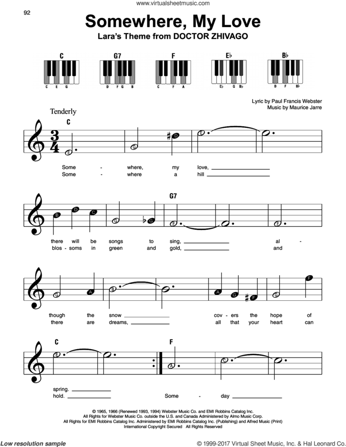 Somewhere, My Love sheet music for piano solo by Paul Francis Webster and Maurice Jarre, beginner skill level
