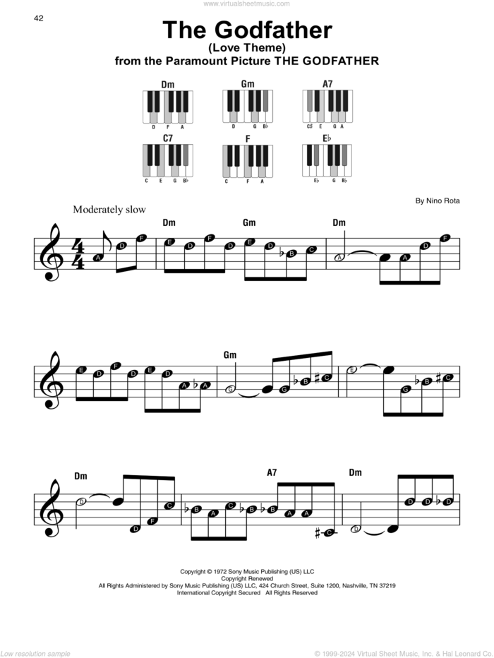The Godfather (Love Theme), (beginner) sheet music for piano solo by Nino Rota, beginner skill level