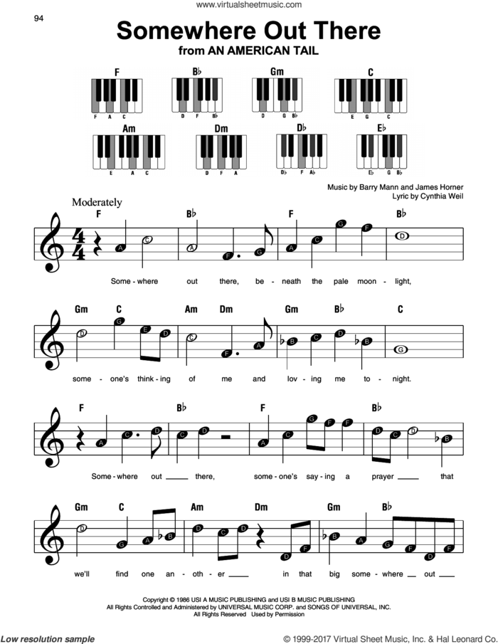 Somewhere Out There sheet music for piano solo by Linda Ronstadt & James Ingram, Barry Mann, Cynthia Weil and James Horner, beginner skill level