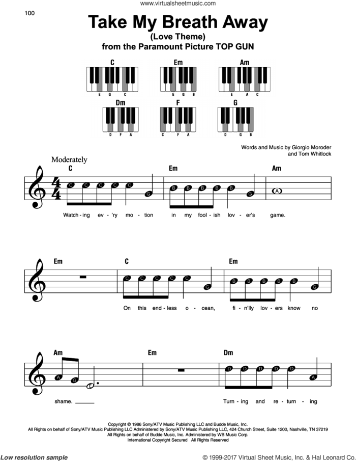 Take My Breath Away (Love Theme), (beginner) sheet music for piano solo by Giorgio Moroder, Irving Berlin and Tom Whitlock, beginner skill level