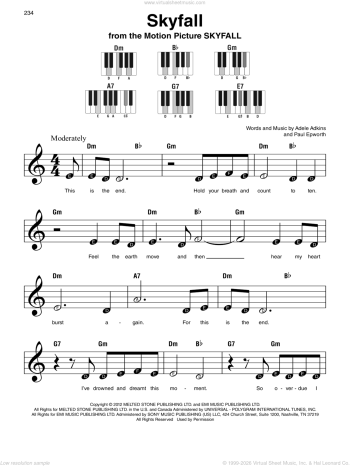 Skyfall sheet music for piano solo by Adele, Adele Adkins and Paul Epworth, beginner skill level