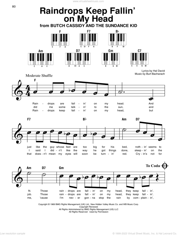 Raindrops Keep Fallin' On My Head sheet music for piano solo by Burt Bacharach, B.J. Thomas and Hal David, beginner skill level
