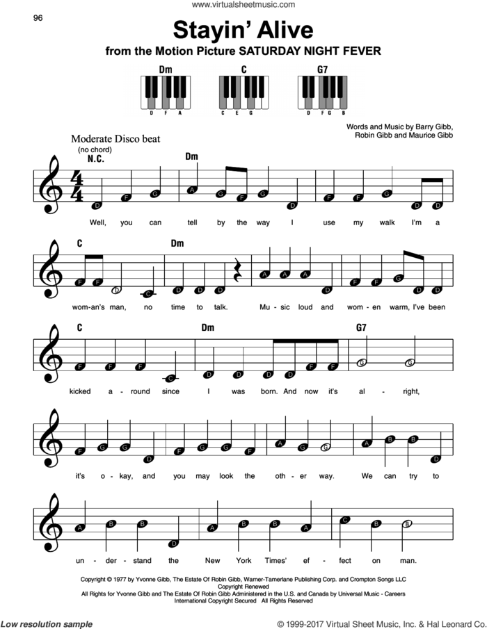 Stayin' Alive sheet music for piano solo by Barry Gibb, Bee Gees, Maurice Gibb and Robin Gibb, beginner skill level