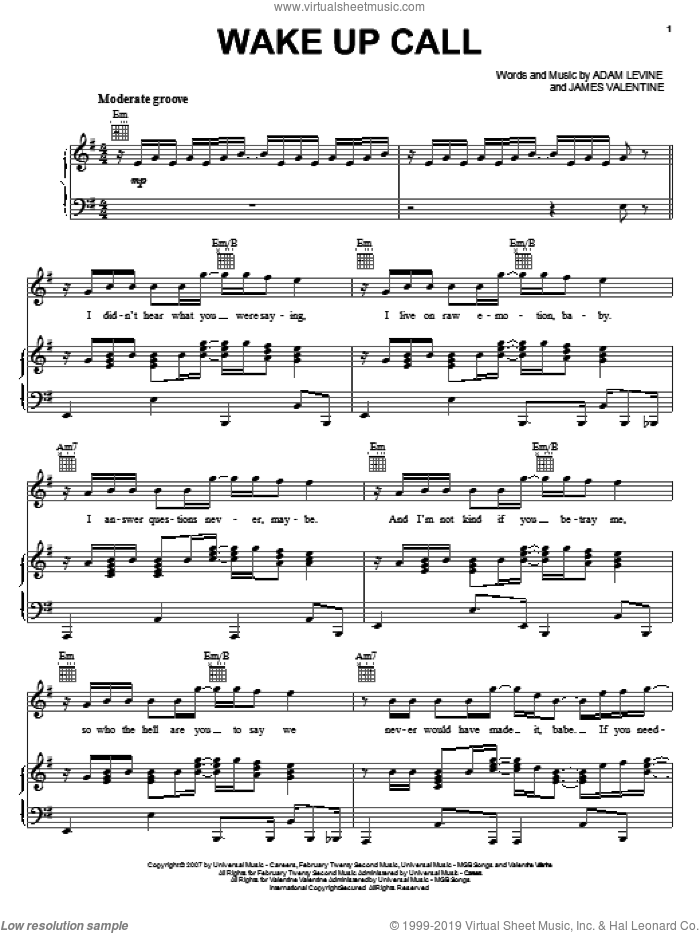 Wake Up Call sheet music for voice, piano or guitar by Maroon 5, Adam Levine and James Valentine, intermediate skill level