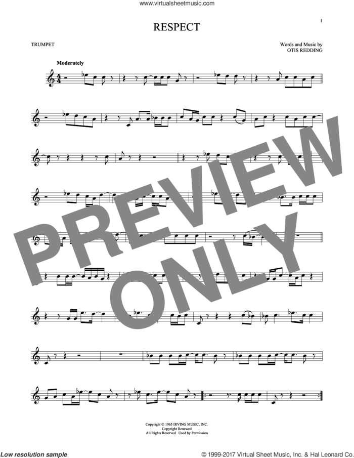 Respect sheet music for trumpet solo by Aretha Franklin and Otis Redding, intermediate skill level