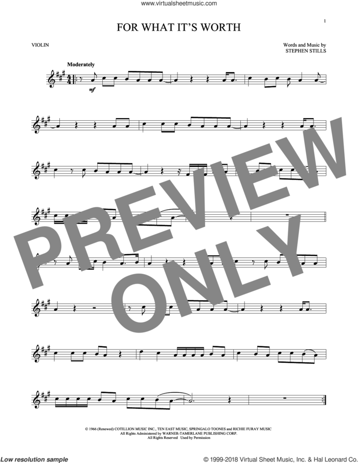 For What It's Worth sheet music for violin solo by Buffalo Springfield and Stephen Stills, intermediate skill level
