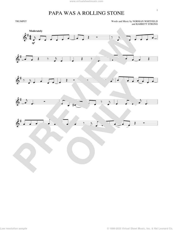 Papa Was A Rollin' Stone sheet music for trumpet solo by The Temptations, Barrett Strong and Norman Whitfield, intermediate skill level